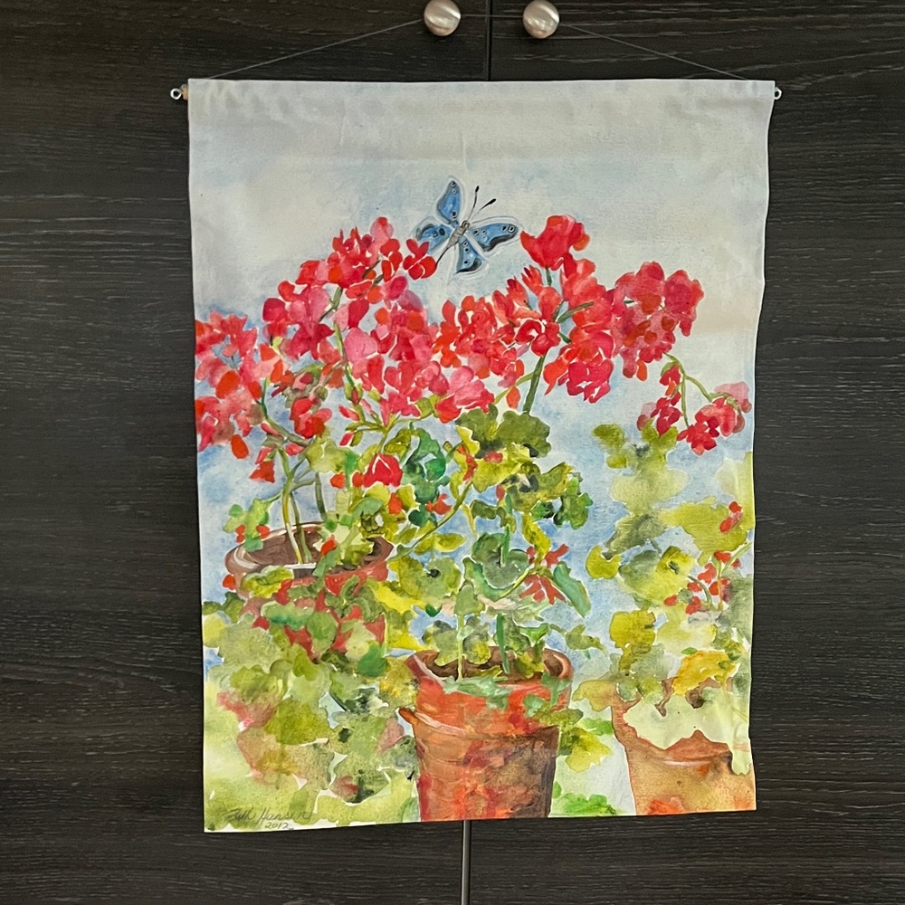 Original Ruth Hansen Acrylic on Canvas Hanging Geraniums